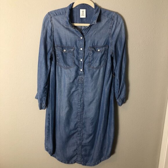H&M Mama Maternity Denim Shirt Dress Womens Medium Pearl Snaps 3/4 Sleeve Boho - Picture 3 of 11